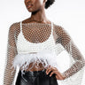 Front View Want More Rhinestone Mesh Crop Top With Feather Trim