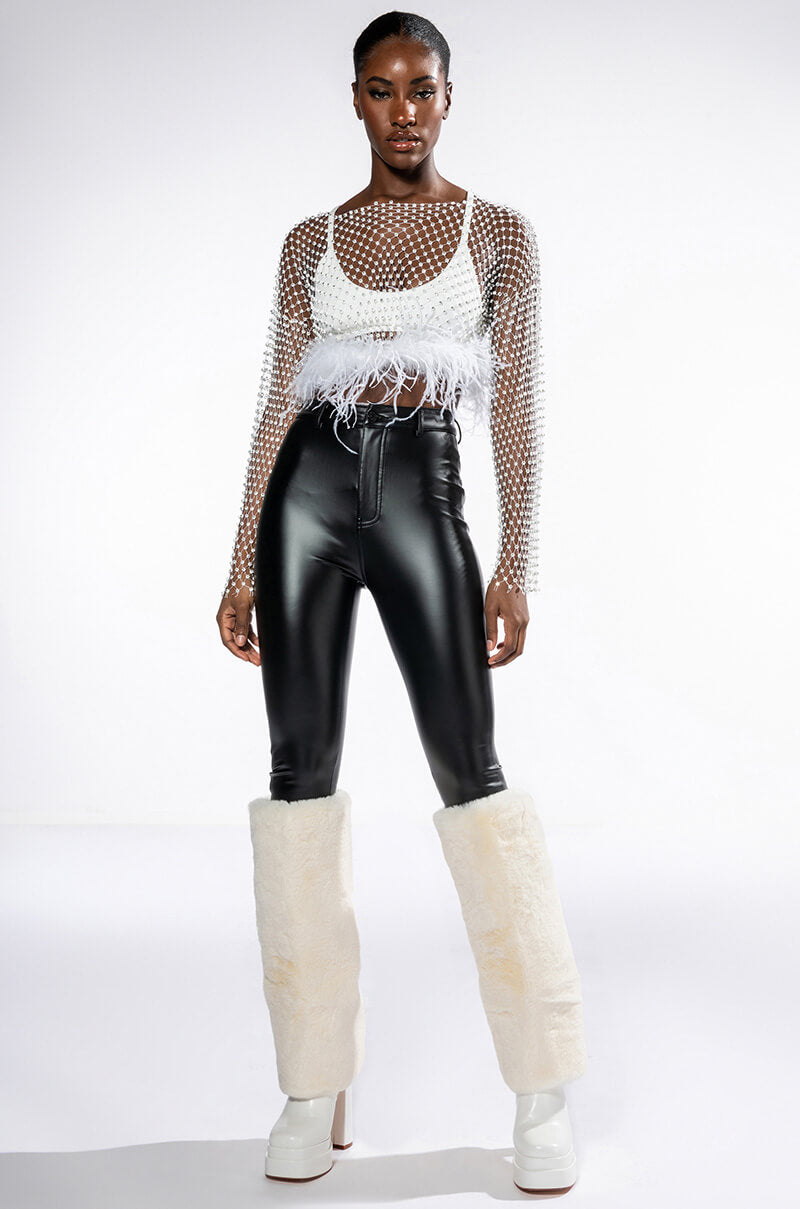 Side View Want More Rhinestone Mesh Crop Top With Feather Trim