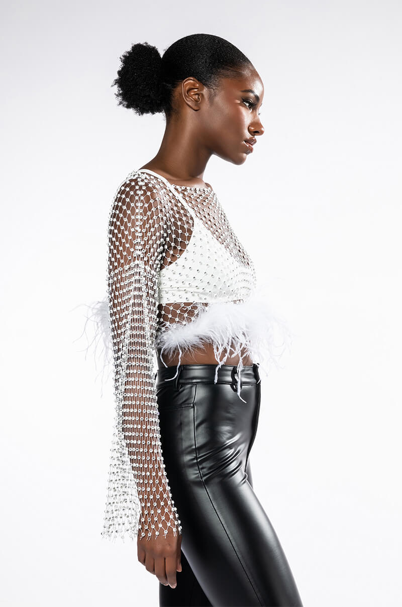 Detail View Want More Rhinestone Mesh Crop Top With Feather Trim
