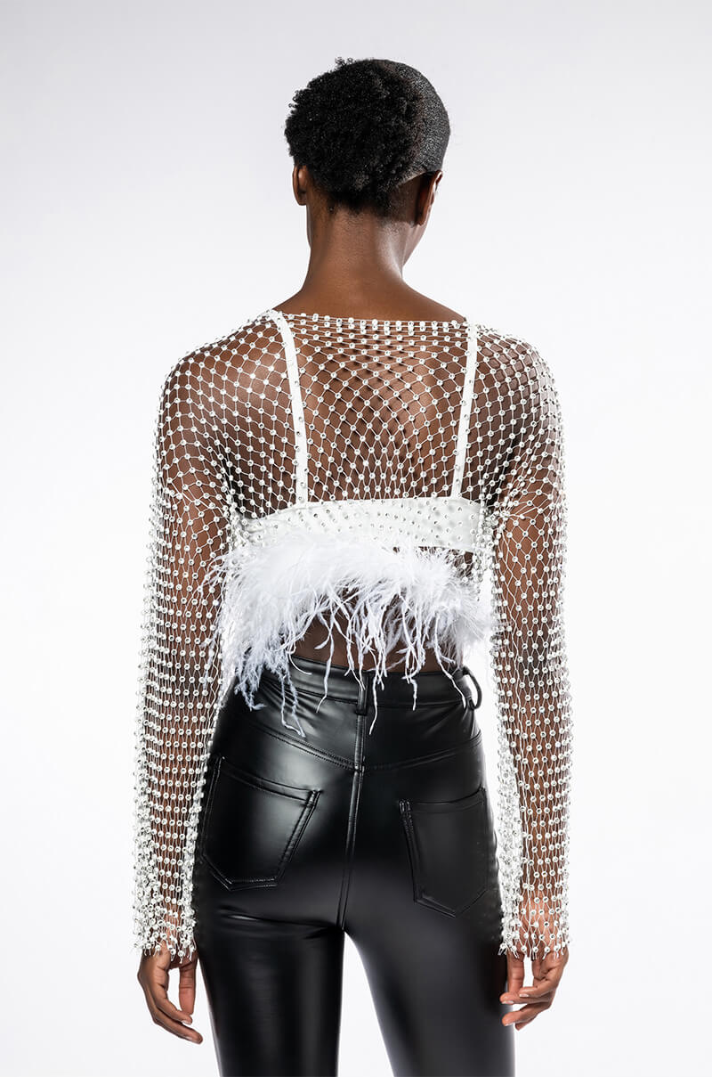 Full View Want More Rhinestone Mesh Crop Top With Feather Trim