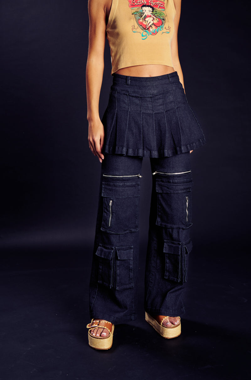 Front View Want U Back Wide Leg Denim Pant With Skirt