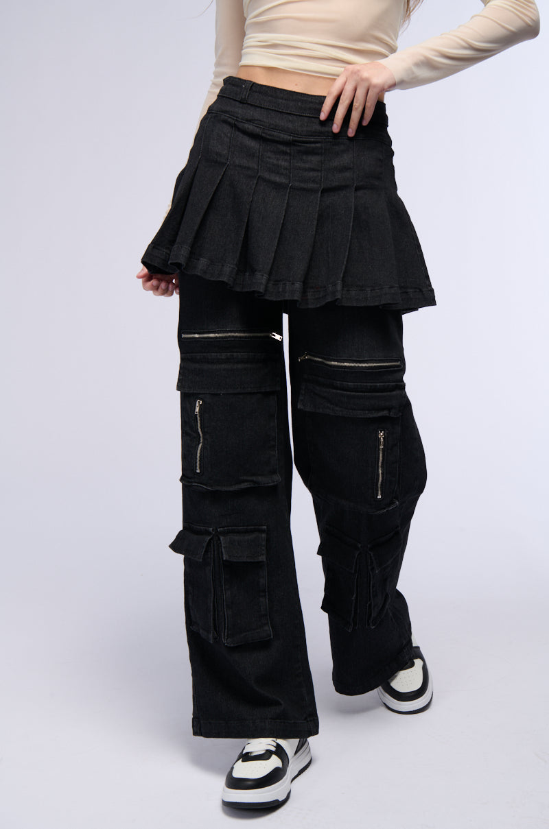 Side View Want U Back Wide Leg Denim Pant With Skirt