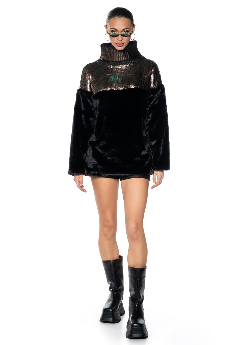 WARM AND CHIC FAUX FUR METALLIC TURTLENECK MINI DRESS AKIRA WARM AND CHIC FAUX FUR METALLIC TURTLENECK MINI DRESS AKIRA