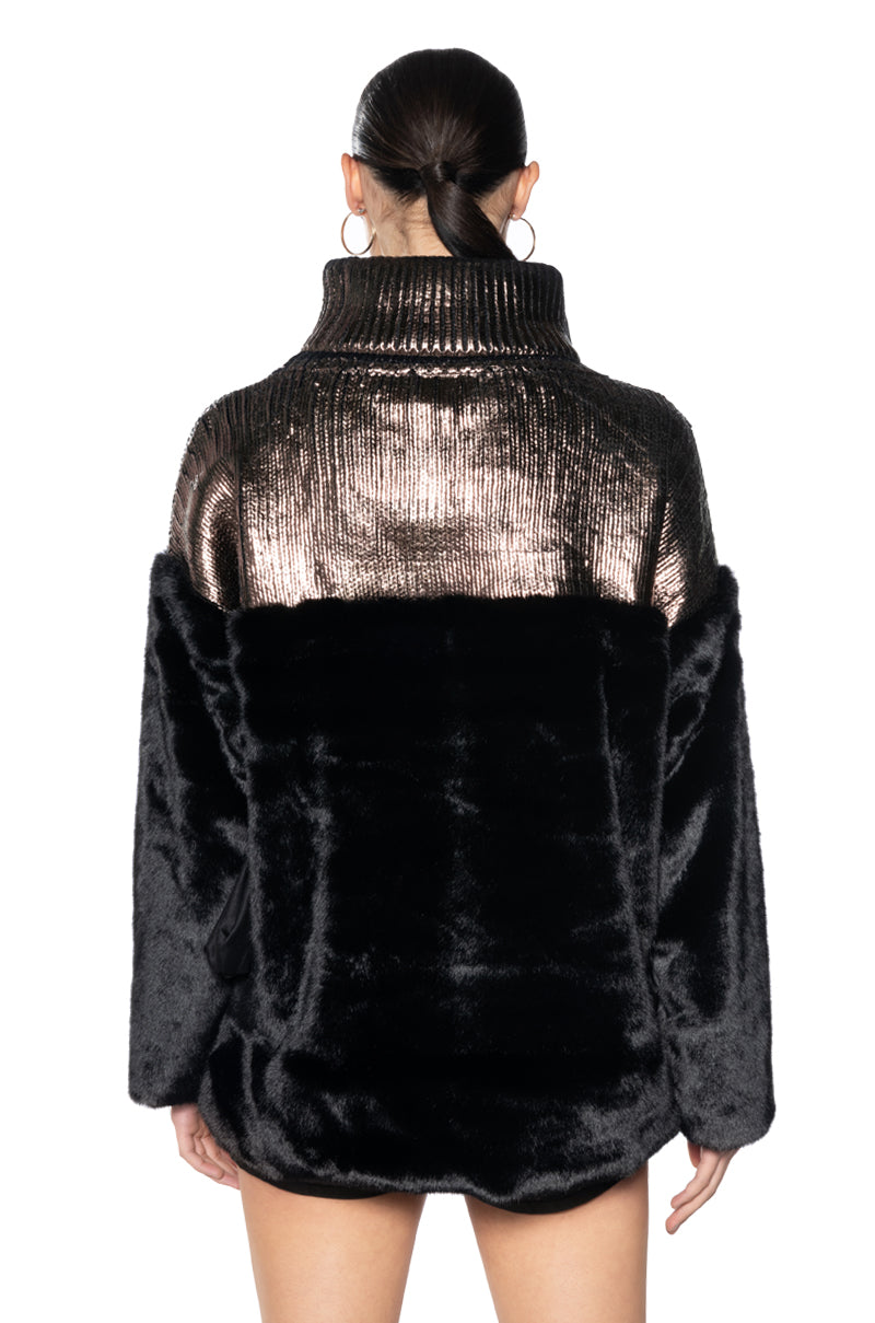 WARM AND CHIC FAUX FUR METALLIC TURTLENECK MINI DRESS AKIRA WARM AND CHIC FAUX FUR METALLIC TURTLENECK MINI DRESS AKIRA