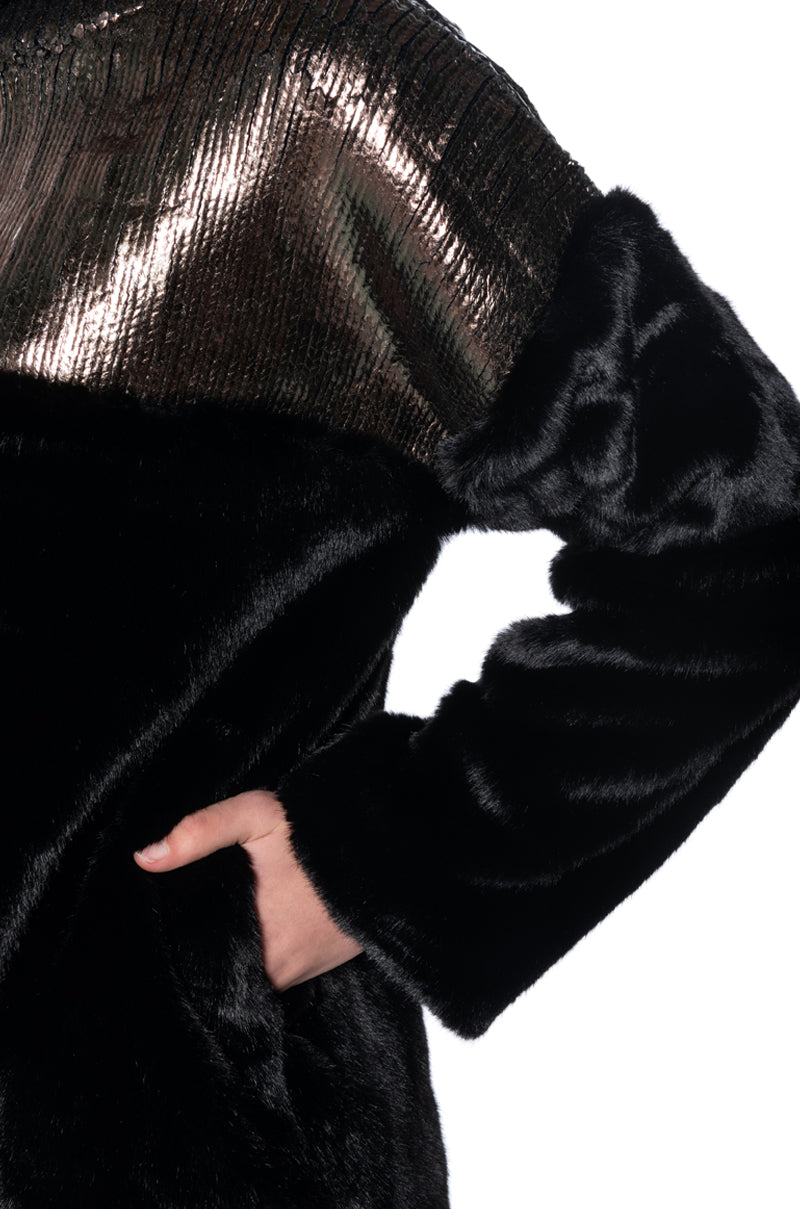 WARM AND CHIC FAUX FUR METALLIC TURTLENECK MINI DRESS AKIRA WARM AND CHIC FAUX FUR METALLIC TURTLENECK MINI DRESS AKIRA
