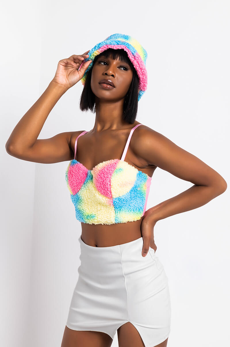 Side View Warm It Up Faux Fur Corset in Yellow Multi