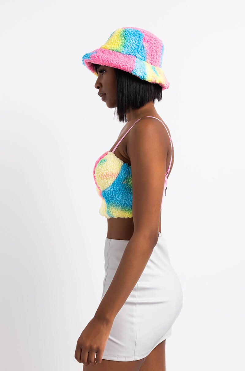 Back View Warm It Up Faux Fur Corset in Yellow Multi