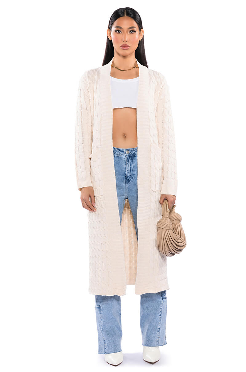 Front View Warm N Fuzzy Braid Pattern Knit Cardigan
