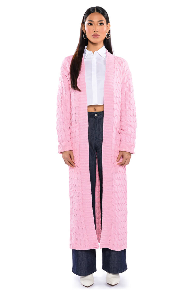 Front View Warm N Fuzzy Braid Pattern Knit Cardigan