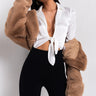 Front View Warm Up Crop Faux Fur Jacket in Camel