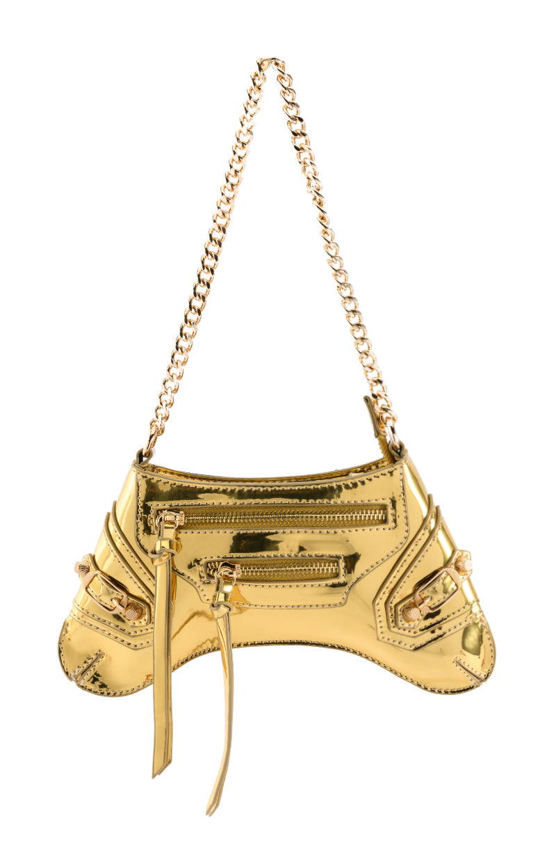 Side View Warp Speed Futuristic Moto Purse In Gold
