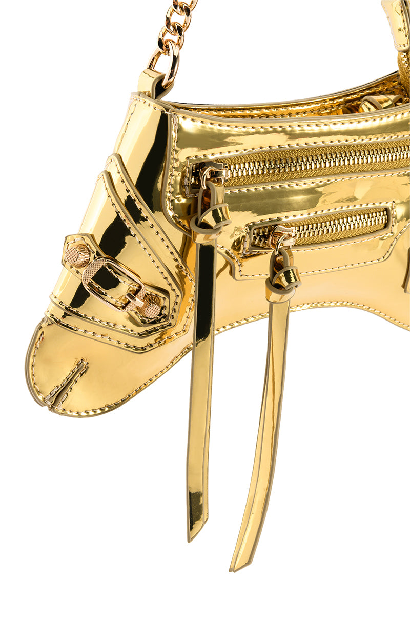 Detail View Warp Speed Futuristic Moto Purse In Gold