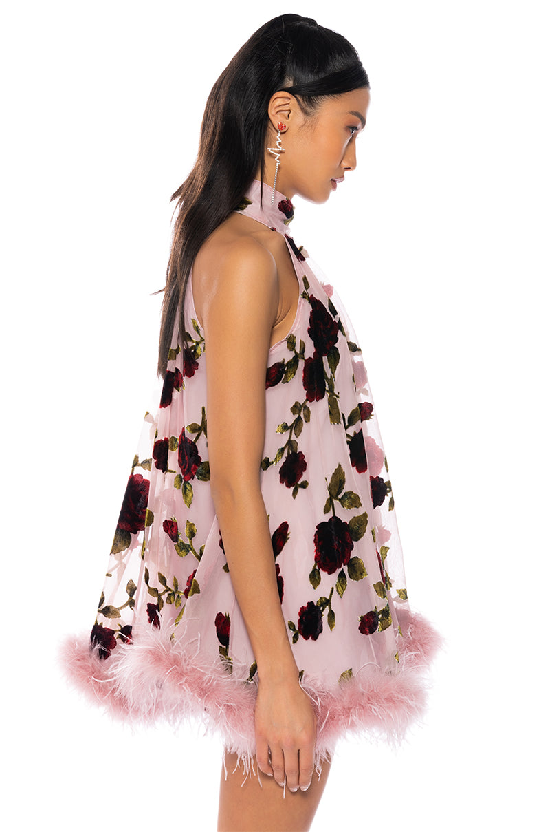 Full View Watch Me Glow Feather Sleeveless Trapeze Mini Dress