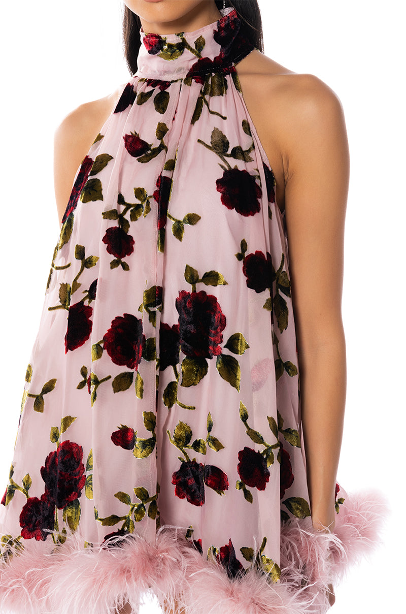 Extra View Watch Me Glow Feather Sleeveless Trapeze Mini Dress