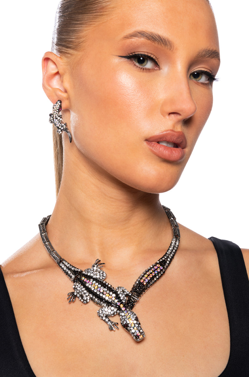 Front View Watch Out For Me Pave Crocodile Necklace And Earring Set 0