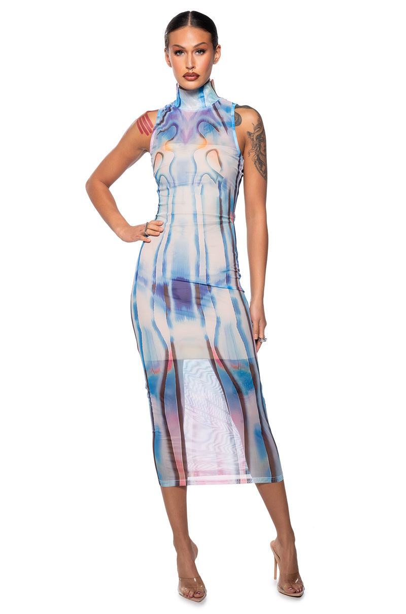 Front View Watercolor Mesh Midi Dress 0