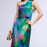 Front View Watercolor Pleated Satin Midi Dress