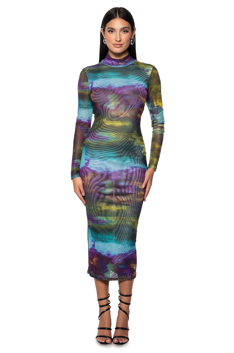 Front View Watercolor Printed Mesh Backless Maxi Dress