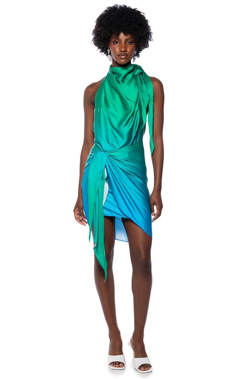 Front View Waves Of Blue Halter Wrap Front Mini Dress