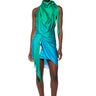 Front View Waves Of Blue Halter Wrap Front Mini Dress