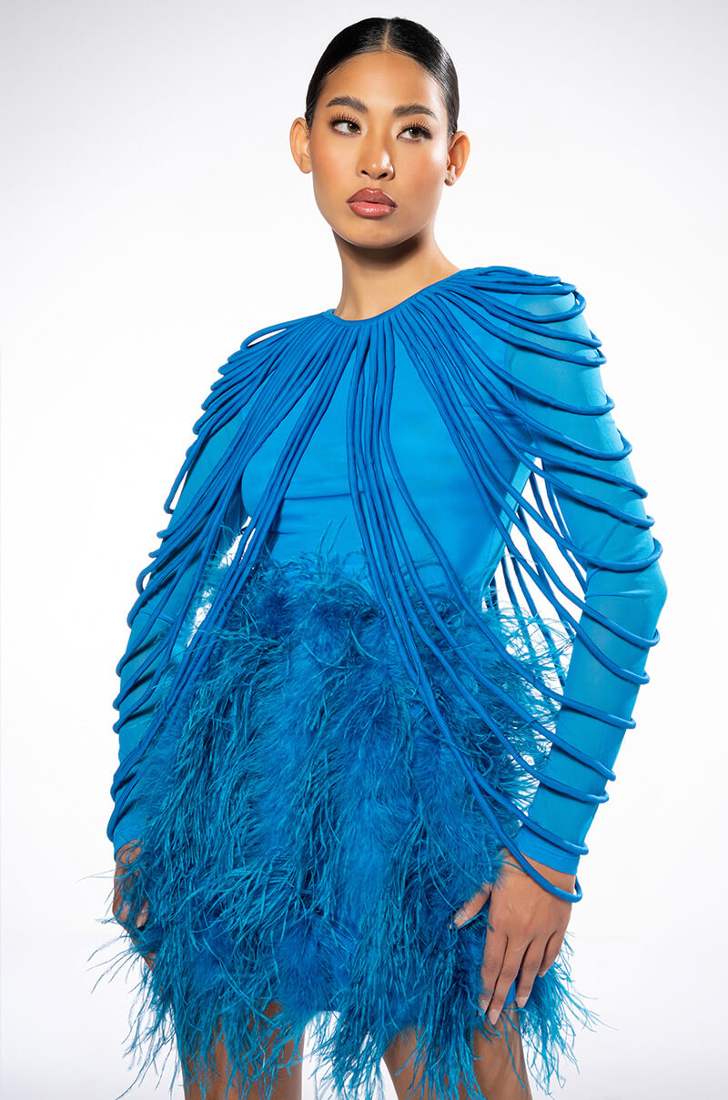 Side View Wavy Baby Long Sleeve String Detail Mesh Top In Blue