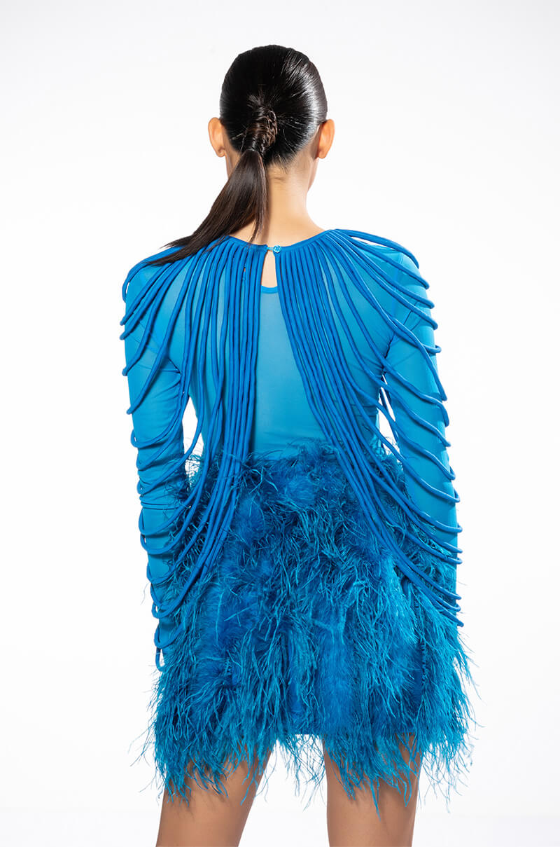 Extra View Wavy Baby Long Sleeve String Detail Mesh Top In Blue