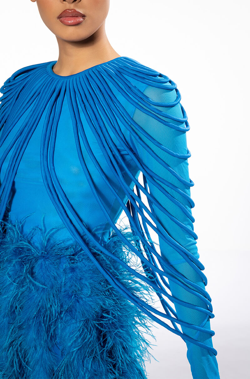 Extra View Wavy Baby Long Sleeve String Detail Mesh Top In Blue