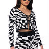 Front View Wavy Checkered Tie Front Cropped Sweater