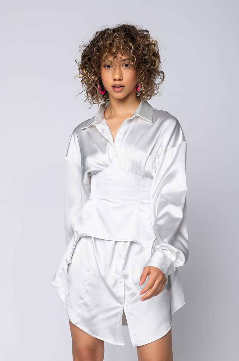Front View Wavy Lil Bih Corset Dress in White