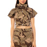 Front View We Ride Camo Button Down And Mini Skirt Set In Brown