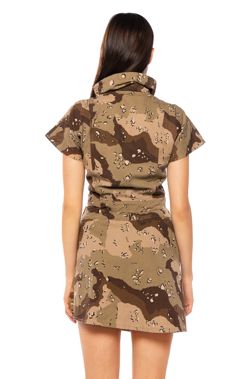 Extra View We Ride Camo Button Down And Mini Skirt Set In Brown