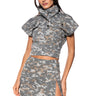 Front View We Ride Camo Button Down And Mini Skirt Set In Grey