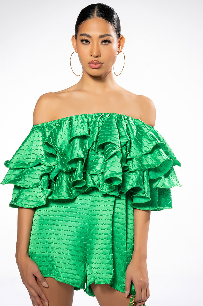 WEEKEND OFF THE SHOULDER RUFFLE ROMPER view 0