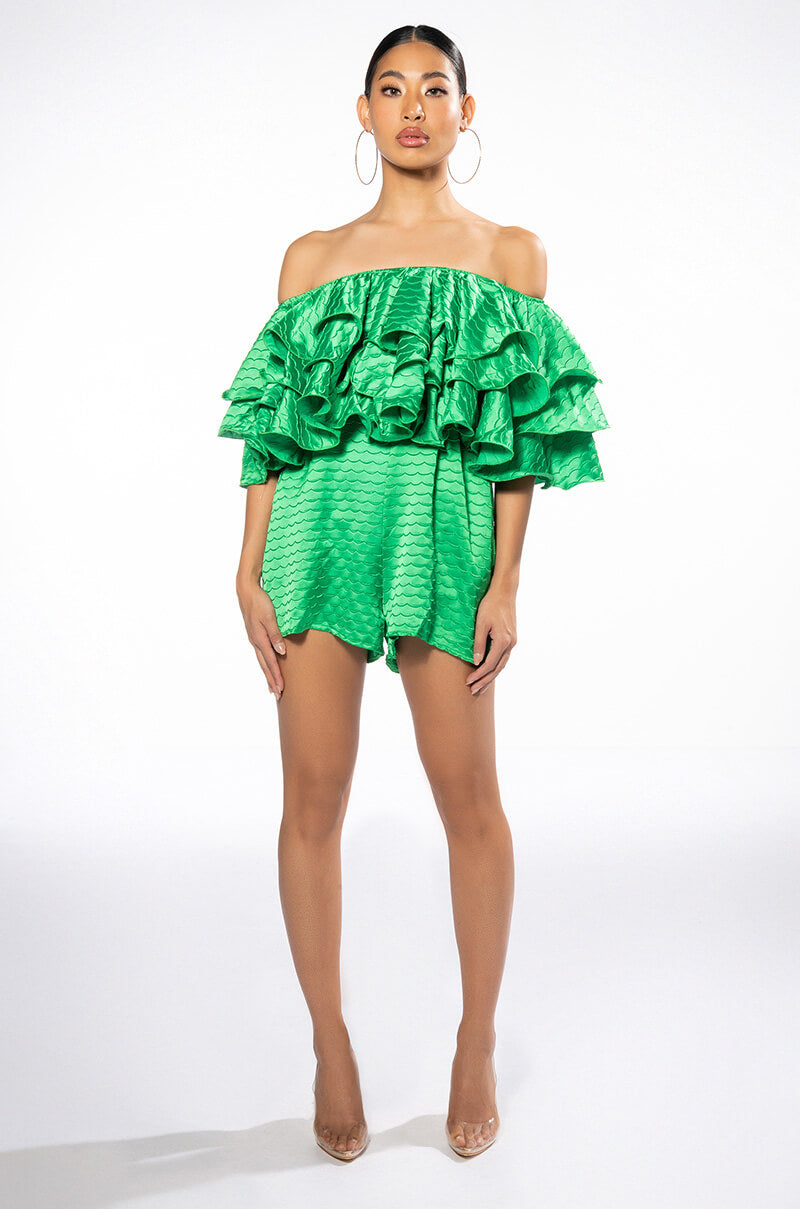Extra View Weekend Off The Shoulder Ruffle Romper