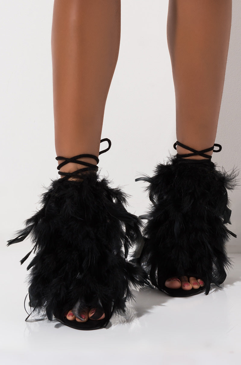 Side View What Dreams Are Made Of Feather Stiletto Sandal in Black