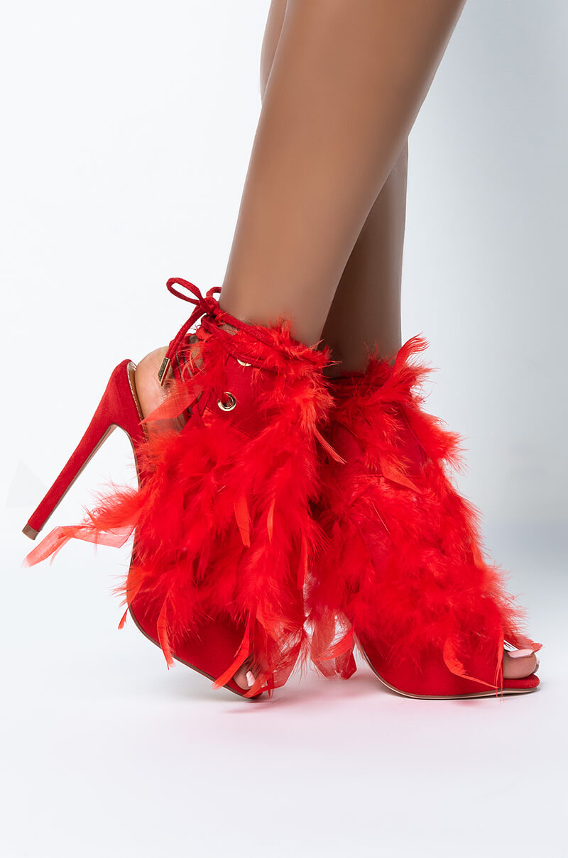 Back View What Dreams Are Made Of Feather Stiletto Sandal in Red