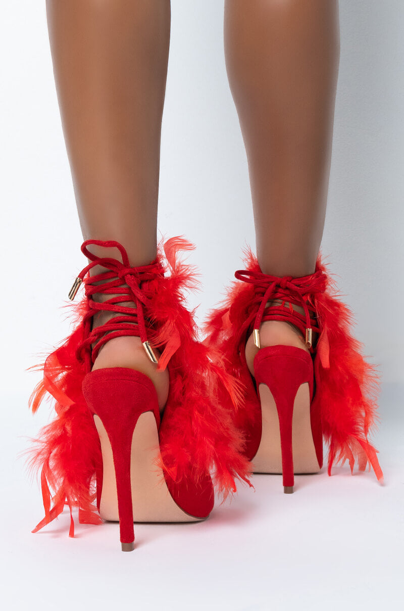 Detail View What Dreams Are Made Of Feather Stiletto Sandal in Red