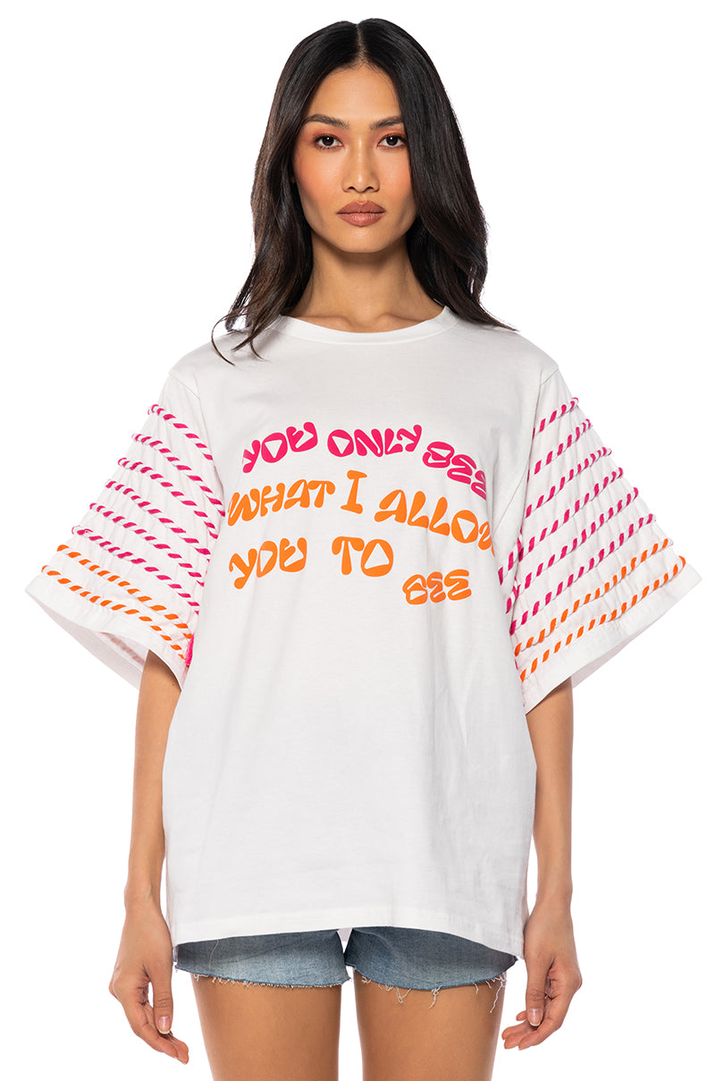 Front View What You Want Oversized Graphic Print Tshirt In White Multi