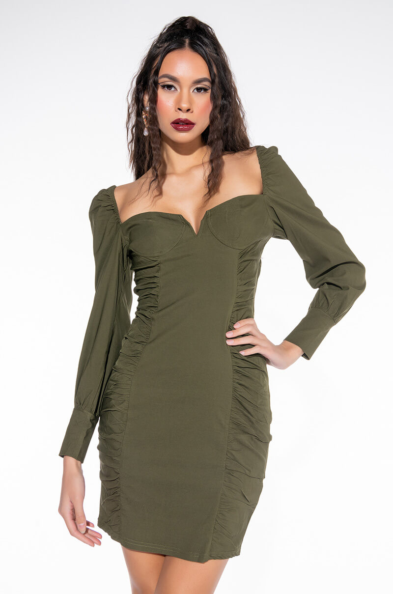 Front View Whatever She Likes Long Sleeve Ruched Mini Dress