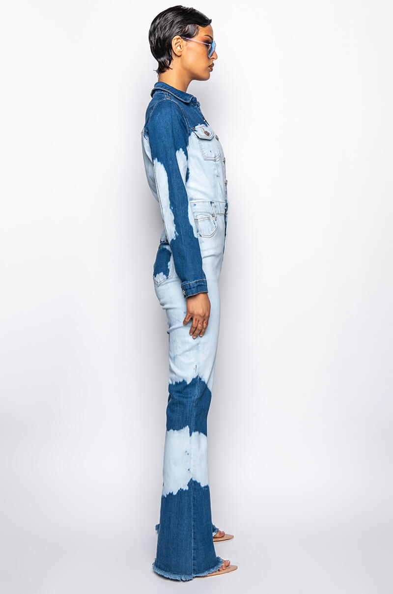 Detail View When I Come Around Tie Dye Denim Jumpsuit