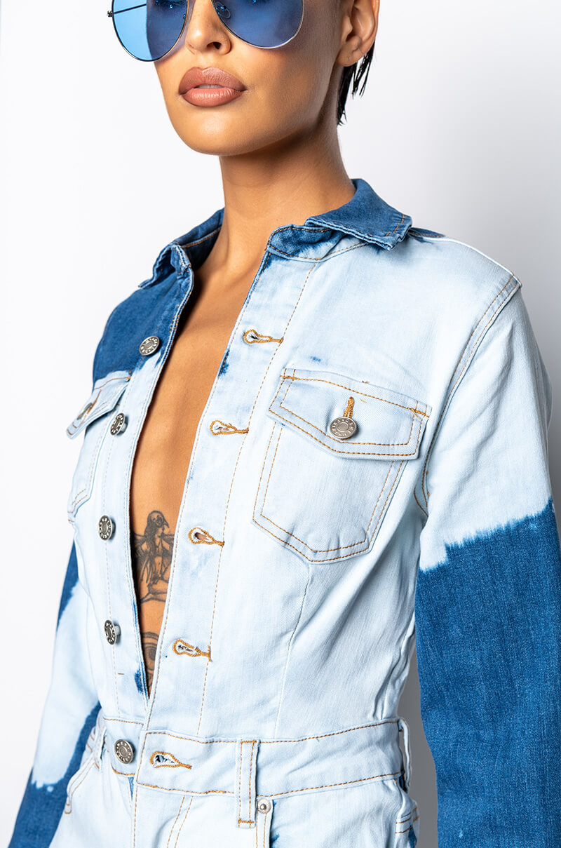Extra View When I Come Around Tie Dye Denim Jumpsuit