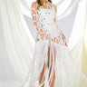 Front View White Zelina Fringe Embellished Long Cardigan