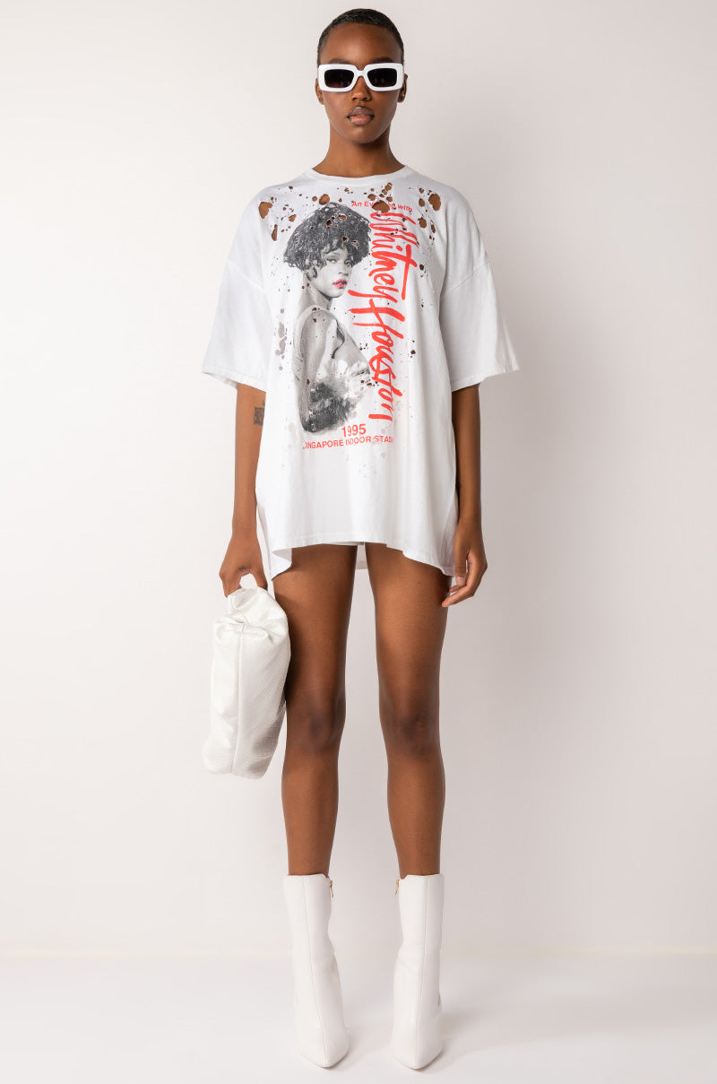 Extra View Whitney Houston Oversized Distressed Graphic T Shirt