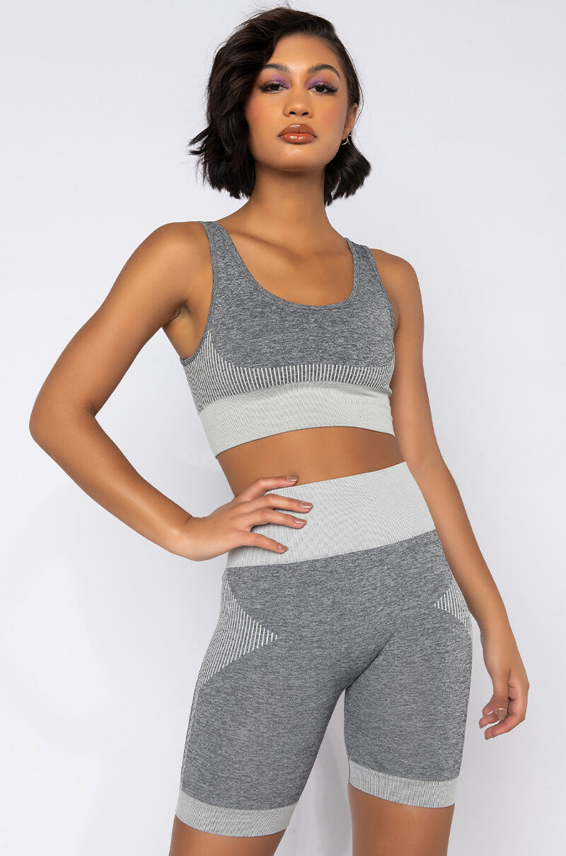 Front View Who Dis Sporty Bra in Grey Multi