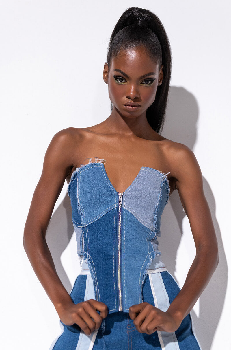 Front View Who Do You Love Denim Zip Up Corset in Medium Blue Denim