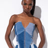 Front View Who Do You Love Denim Zip Up Corset in Medium Blue Denim
