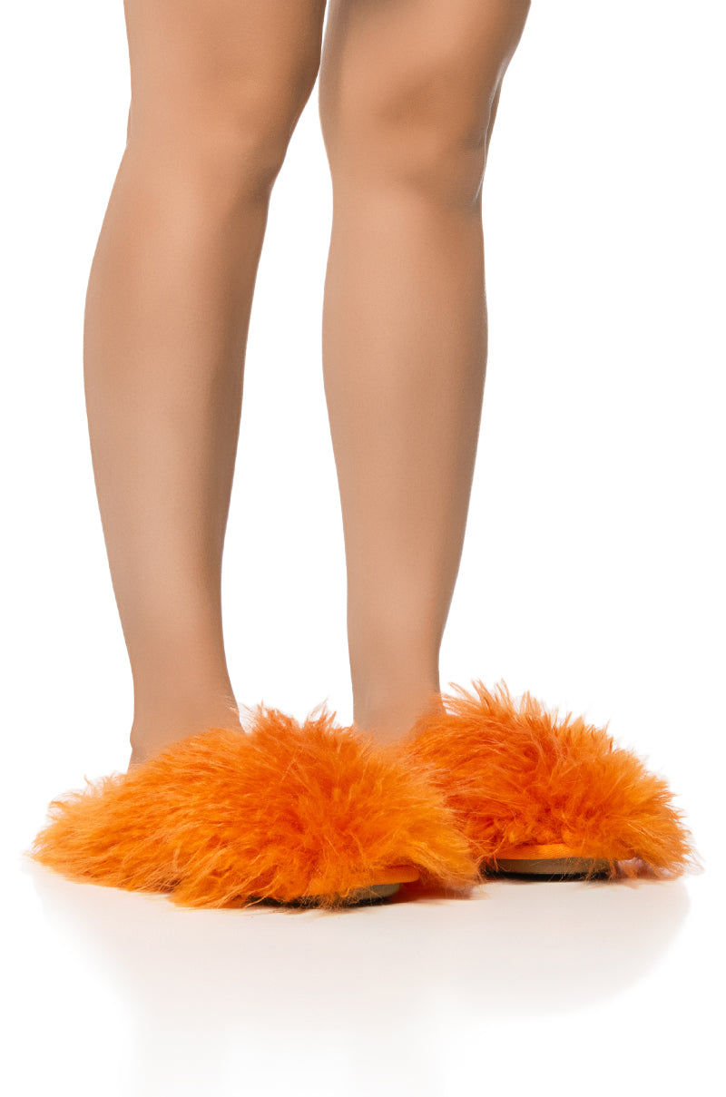 Front View Wig Out Faux Fur Slippers In Orange