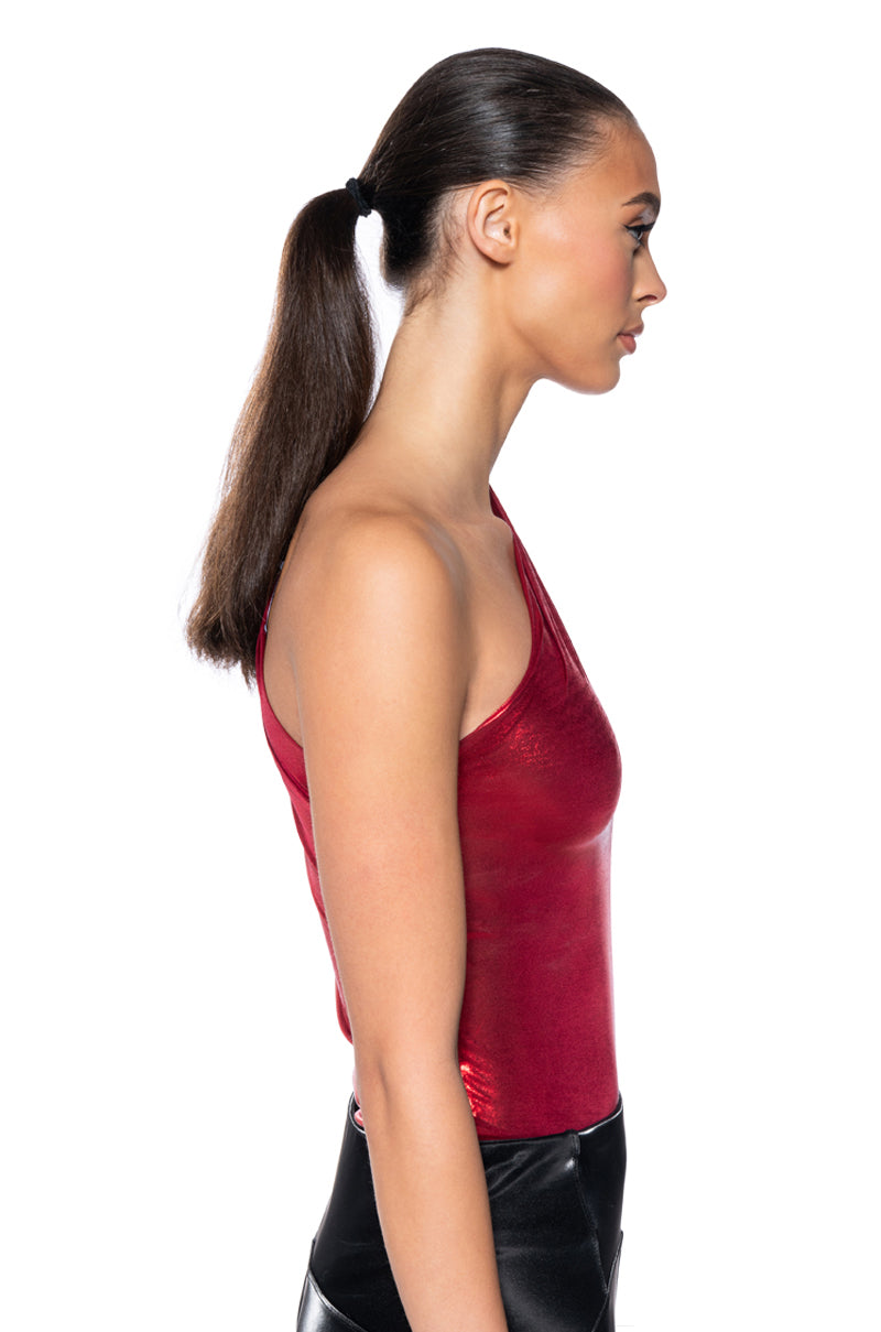 Back View Wild Child Metallic Bodysuit In Red