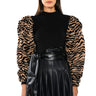 Front View Wild Side Mock Neck Flocked Puff Sleeve Top