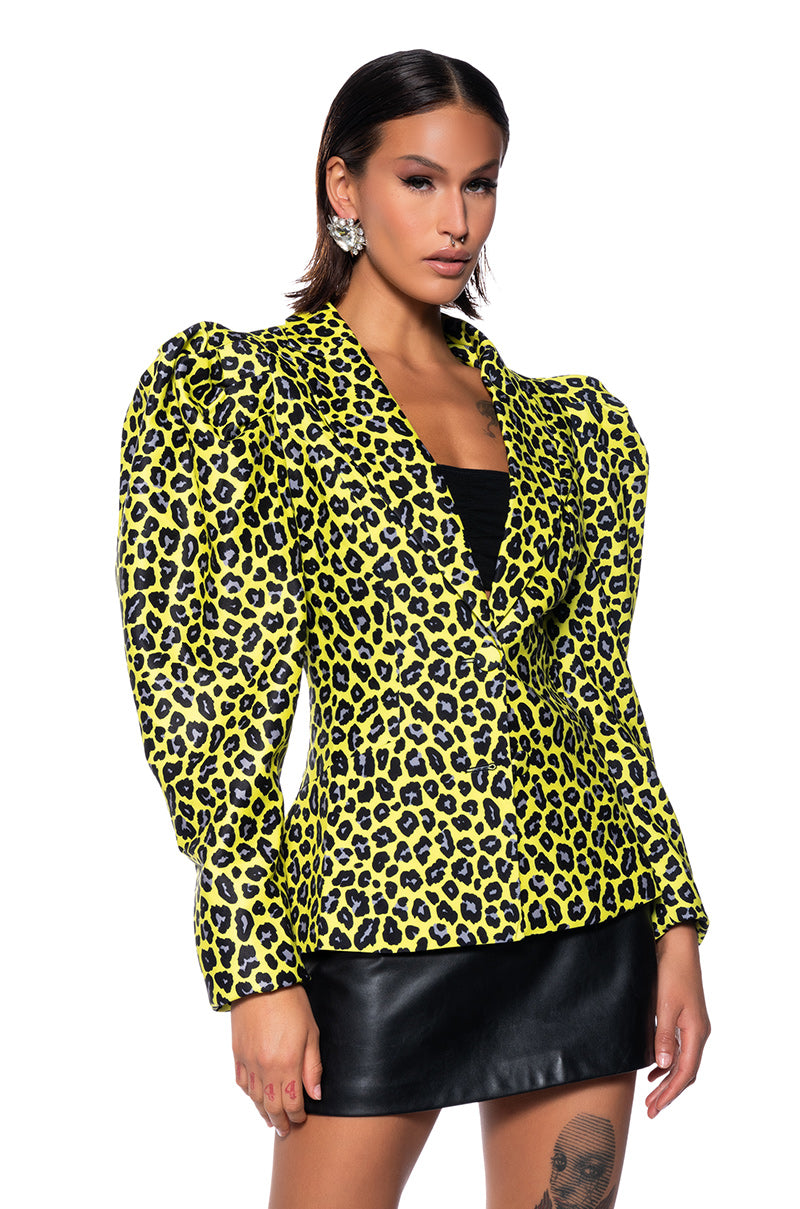 Front View Wild Side Yellow Cheetah Blazer